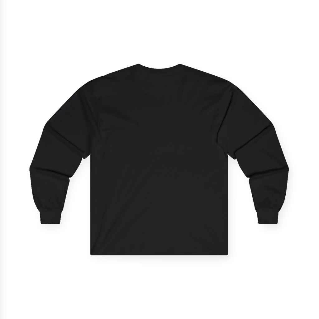 Black long sleeve tee with a plain back, back flat lay.