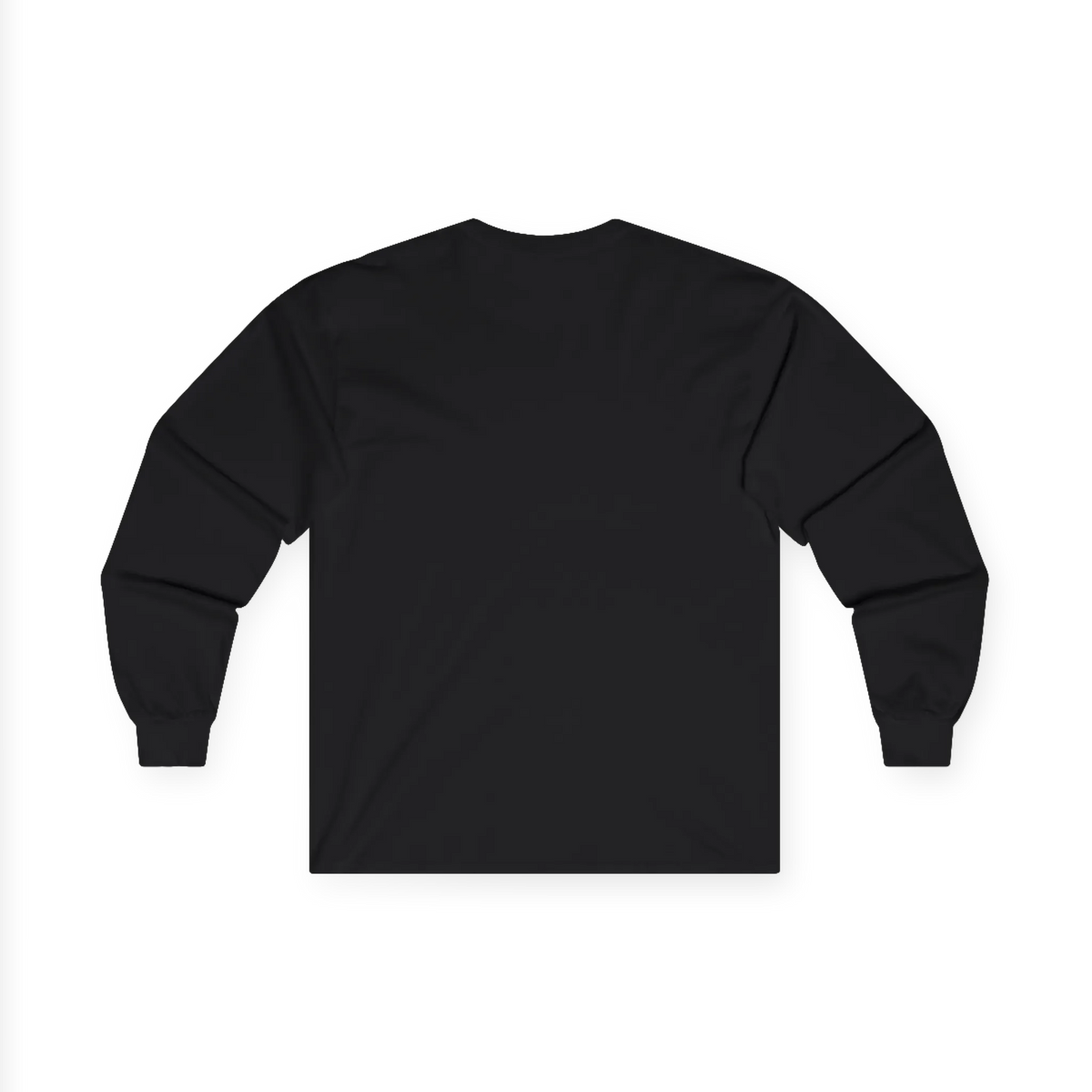 Black long sleeve tee with a plain back, back flat lay.