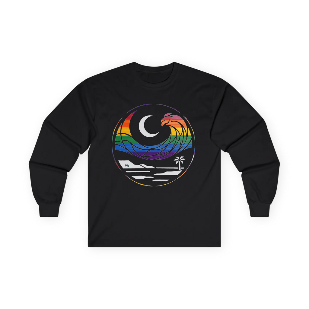Black long sleeve tee with rainbow wave, white crescent moon, shoreline, and palm tree graphic, front flat lay.