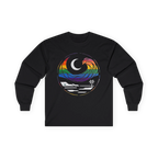 Black long sleeve tee with rainbow wave, white crescent moon, shoreline, and palm tree graphic, front flat lay.