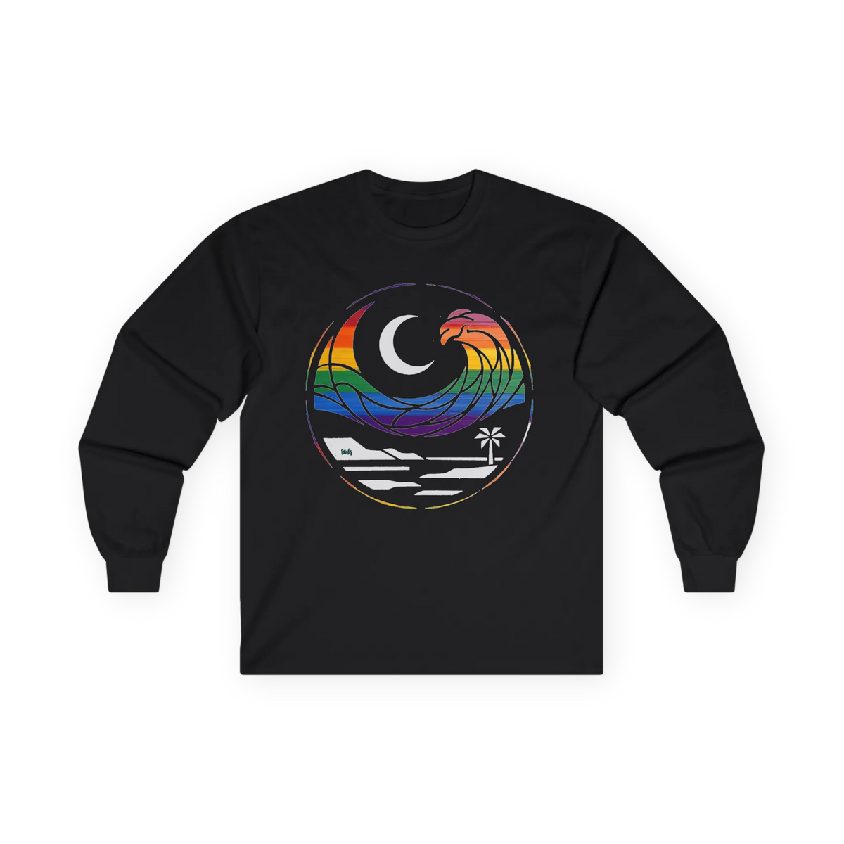 Black long sleeve tee with rainbow wave, white crescent moon, shoreline, and palm tree graphic, front flat lay.