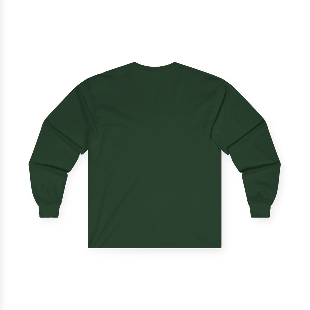 Forest green long sleeve tee with a plain back, back flat lay.