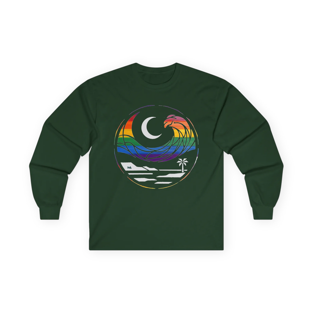 Forest green long sleeve tee with rainbow wave, white crescent moon, shoreline, and palm tree graphic, front flat lay.
