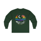Forest green long sleeve tee with rainbow wave, white crescent moon, shoreline, and palm tree graphic, front flat lay.