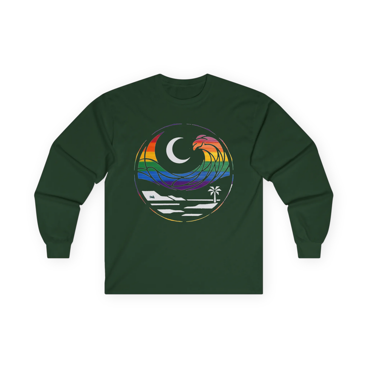Forest green long sleeve tee with rainbow wave, white crescent moon, shoreline, and palm tree graphic, front flat lay.