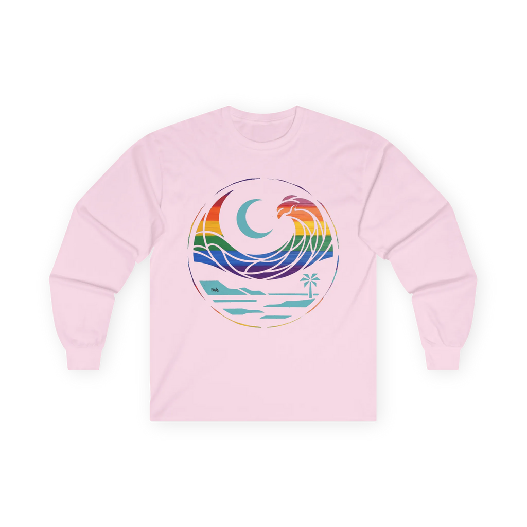 Light pink long sleeve tee with rainbow wave, turquoise crescent moon, shoreline, and palm tree graphic, front flat lay.