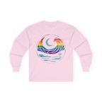 Light pink long sleeve tee with rainbow wave, turquoise crescent moon, shoreline, and palm tree graphic, front flat lay.
