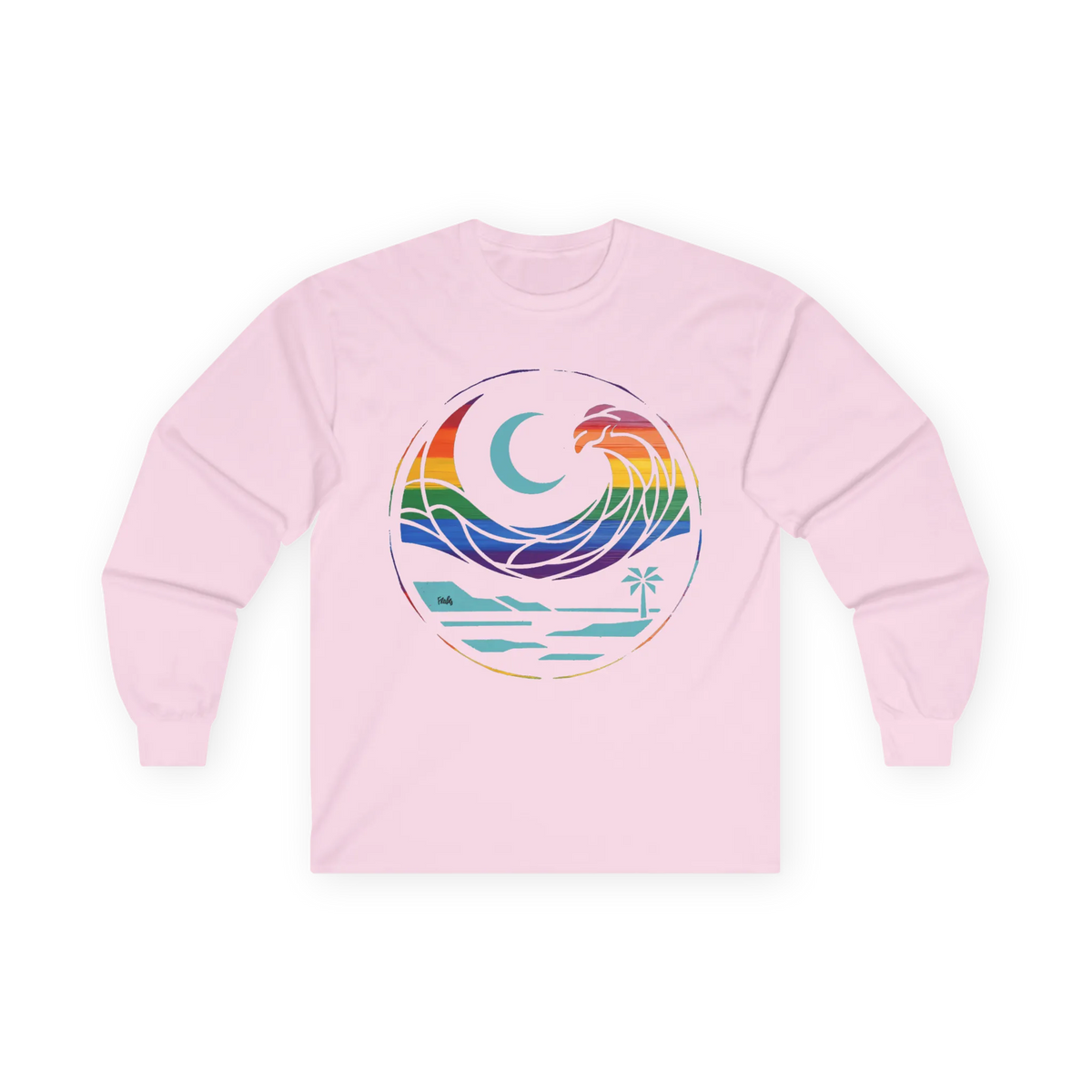 Light pink long sleeve tee with rainbow wave, turquoise crescent moon, shoreline, and palm tree graphic, front flat lay.