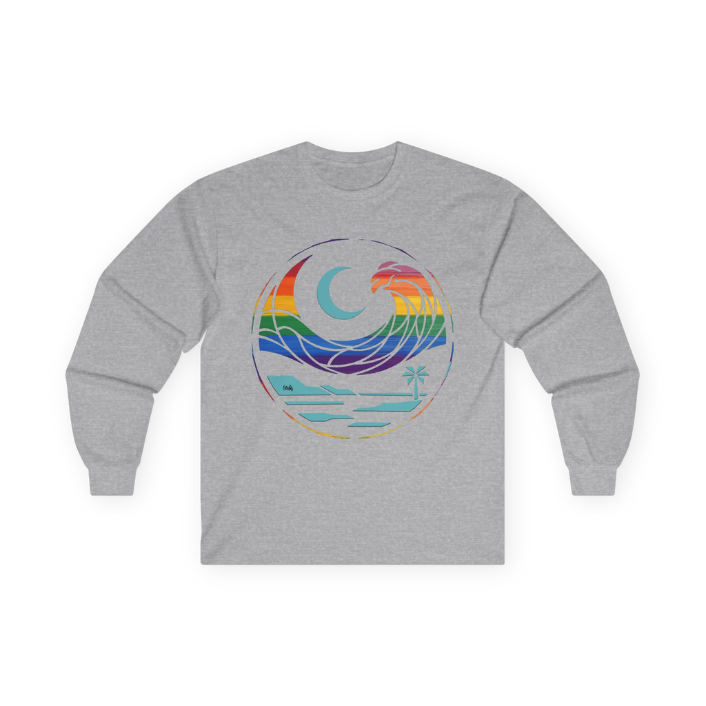 Sport grey long sleeve tee with rainbow wave, turquoise crescent moon, shoreline, and palm tree graphic, front flat lay.