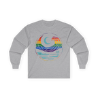 Sport grey long sleeve tee with rainbow wave, turquoise crescent moon, shoreline, and palm tree graphic, front flat lay.
