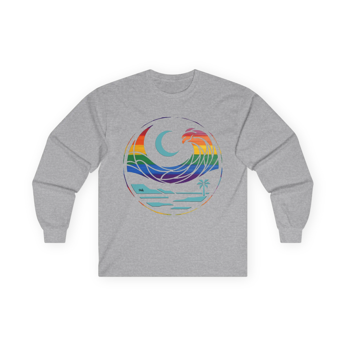 Sport grey long sleeve tee with rainbow wave, turquoise crescent moon, shoreline, and palm tree graphic, front flat lay.