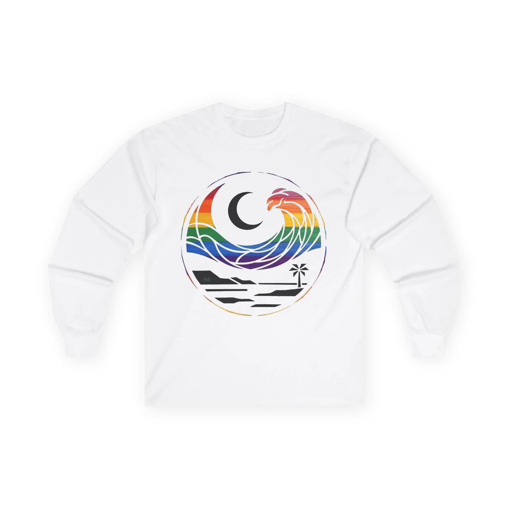 White long sleeve tee with rainbow wave, crescent moon, shoreline, and palm tree graphic, front flat lay.