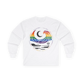 White long sleeve tee with rainbow wave, crescent moon, shoreline, and palm tree graphic, front flat lay.