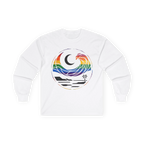 White long sleeve tee with rainbow wave, crescent moon, shoreline, and palm tree graphic, front flat lay.