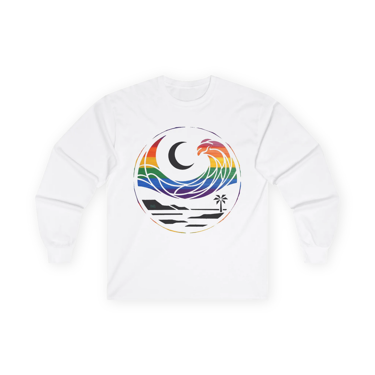 White long sleeve tee with rainbow wave, crescent moon, shoreline, and palm tree graphic, front flat lay.