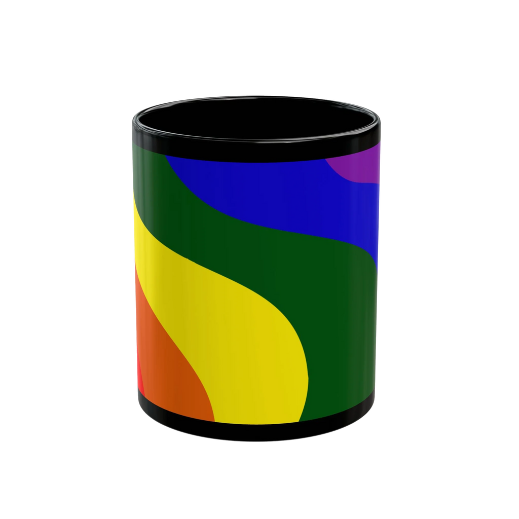 A straight on view of the black FREEBRD rainbow wave ceramic mug with a full wrap pride rainbow wave design in red orange yellow green blue and purple.