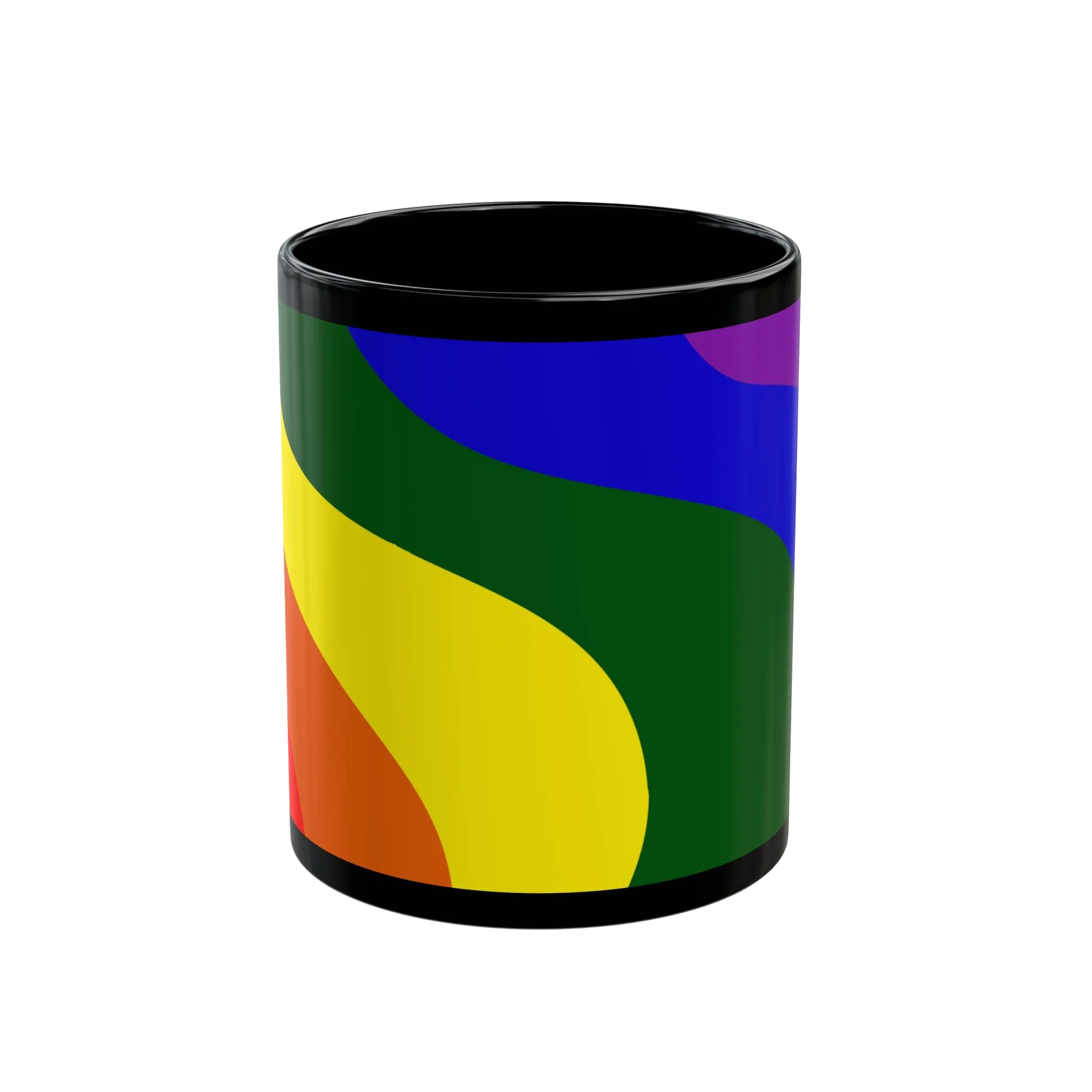 A straight on view of the black FREEBRD rainbow wave ceramic mug with a full wrap pride rainbow wave design in red orange yellow green blue and purple.
