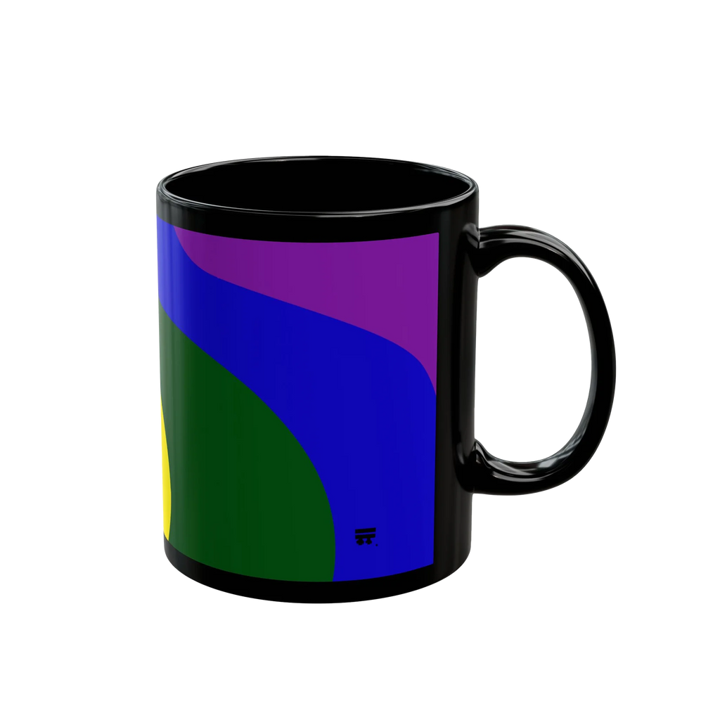 A left side preview of the black FREEBRD rainbow wave ceramic mug showing an abstract LGBTQ+ pride wave design in purple blue and forest green.