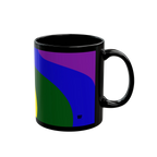 A left side preview of the black FREEBRD rainbow wave ceramic mug showing an abstract LGBTQ+ pride wave design in purple blue and forest green.