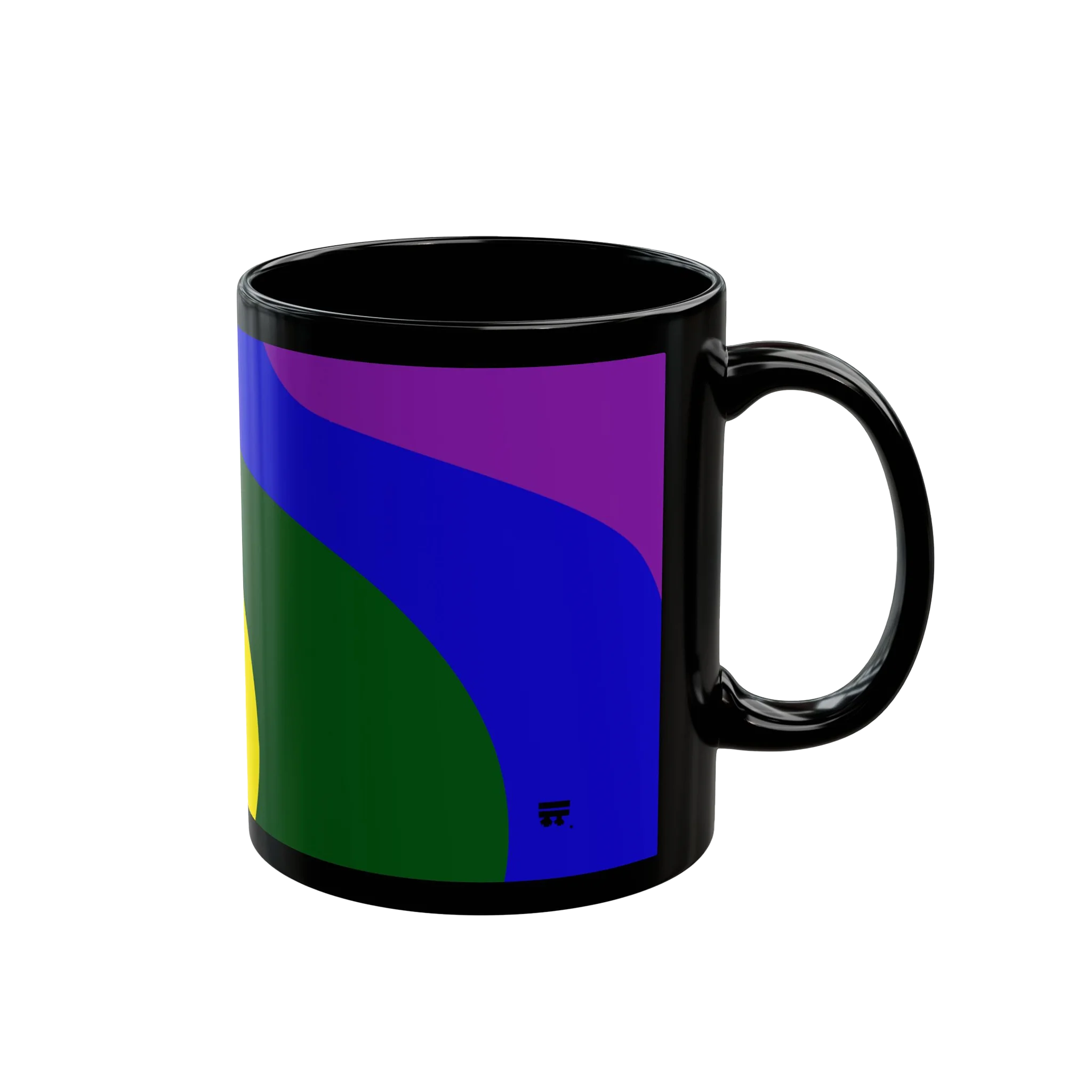 A left side preview of the black FREEBRD rainbow wave ceramic mug showing an abstract LGBTQ+ pride wave design in purple blue and forest green.