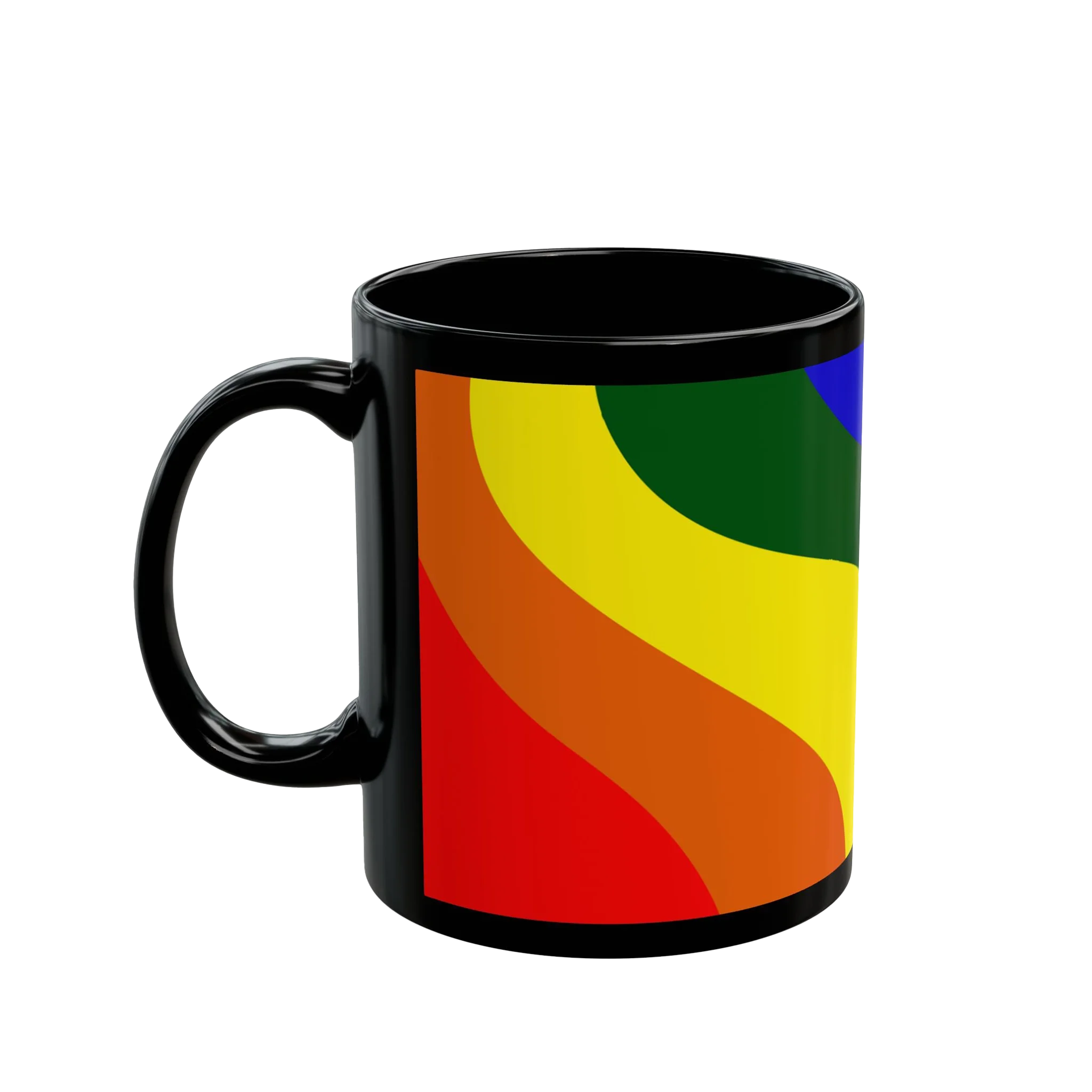 A right side view of the black FREEBRD rainbow wave ceramic mug showing bold rainbow wave design in red orange yellow green and blue.