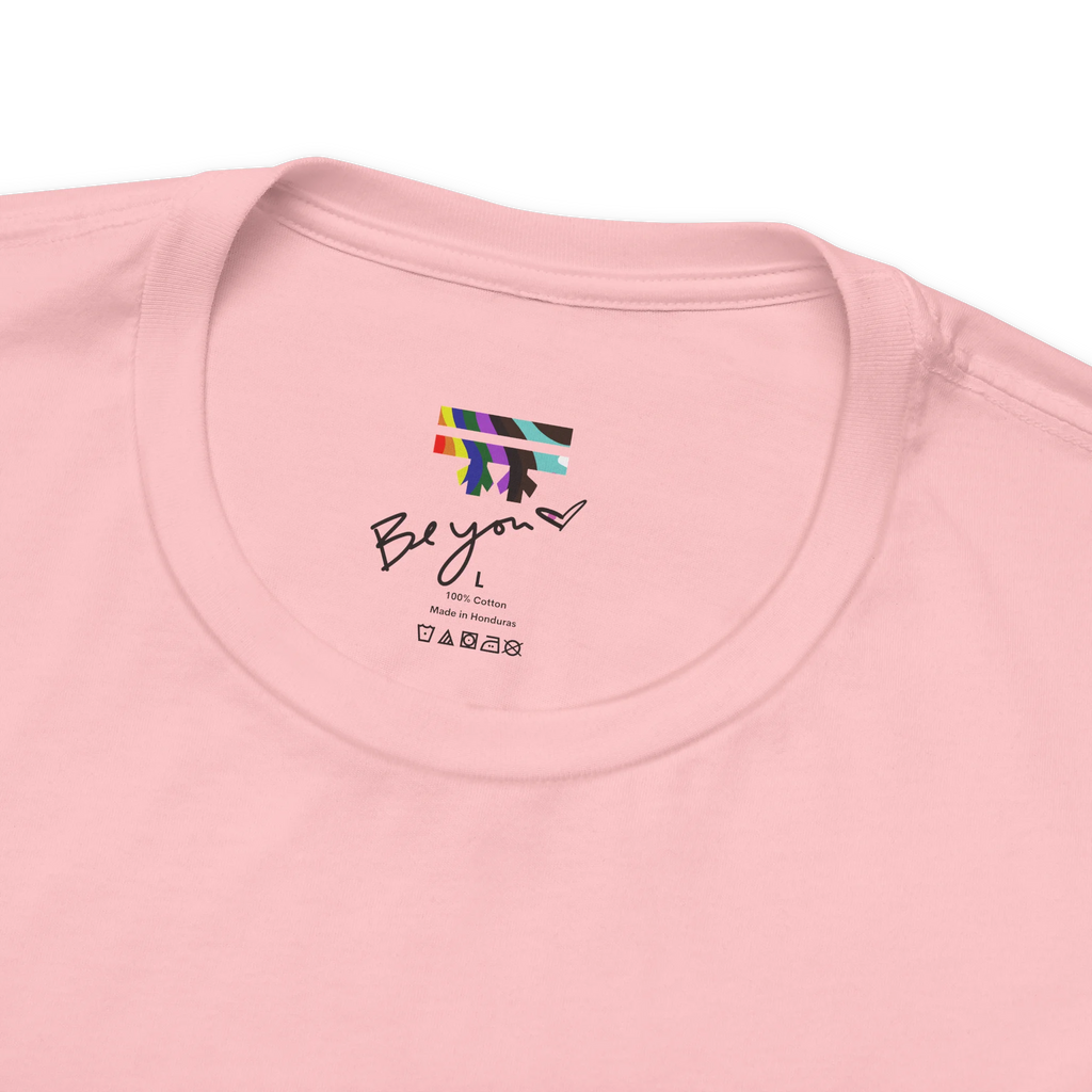 Pink FREEBRD tee collar detail, Be you heart label, rainbow logo, 100% cotton, Made in Honduras, care symbols.