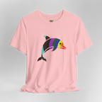 Pink FREEBRD rainbow wave dolphin tee, ghost mannequin front view, relaxed unisex fit, colorful dolphin graphic
