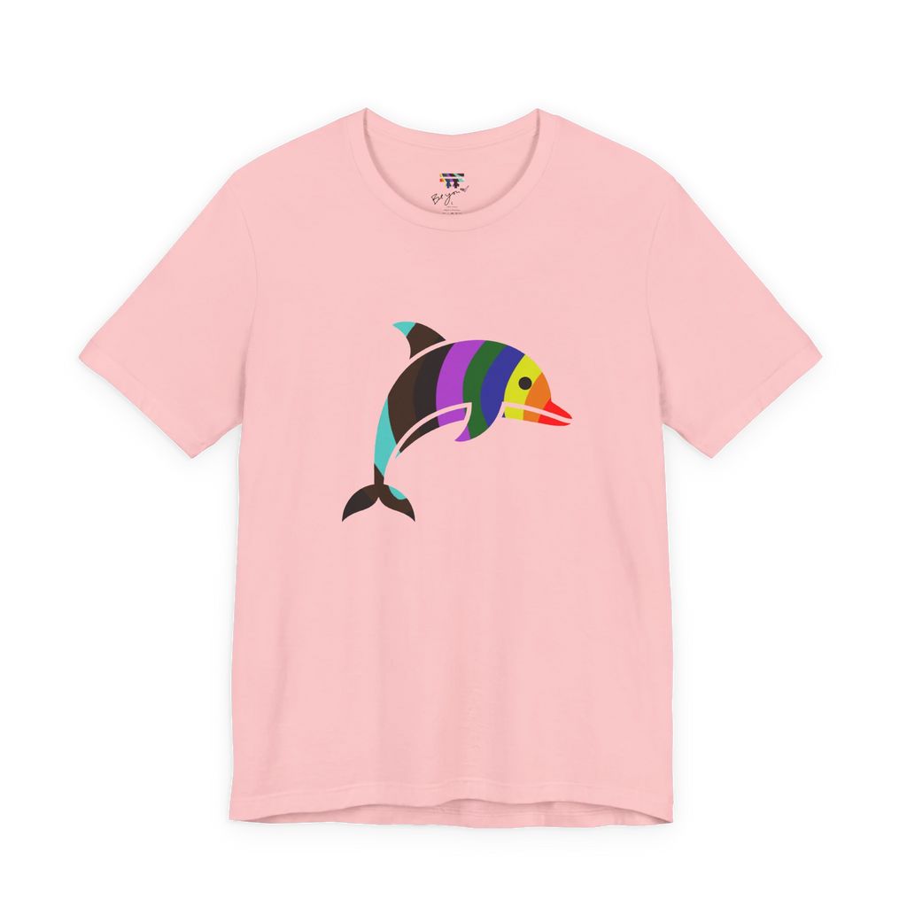 Pink crew neck tee, rainbow stripe geometric dolphin graphic, bold colorful design, FREEBRD, front view
