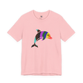 Pink crew neck tee, rainbow stripe geometric dolphin graphic, bold colorful design, FREEBRD, front view
