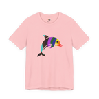 Pink crew neck tee, rainbow stripe geometric dolphin graphic, bold colorful design, FREEBRD, front view
