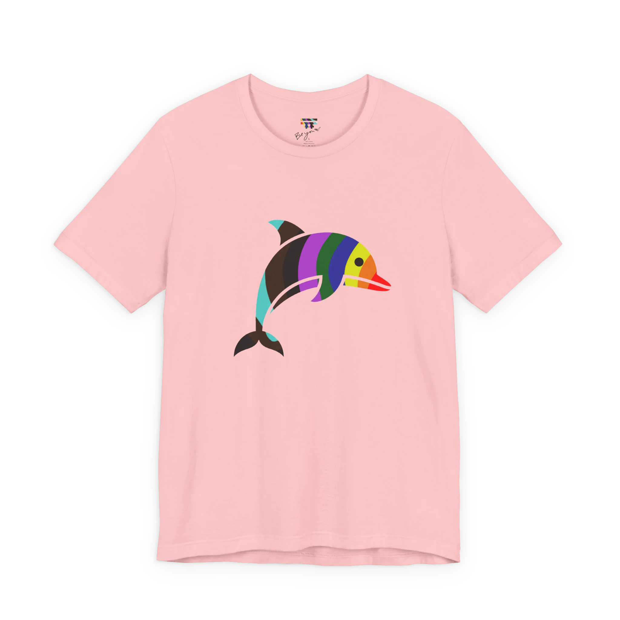 Pink crew neck tee, rainbow stripe geometric dolphin graphic, bold colorful design, FREEBRD, front view

