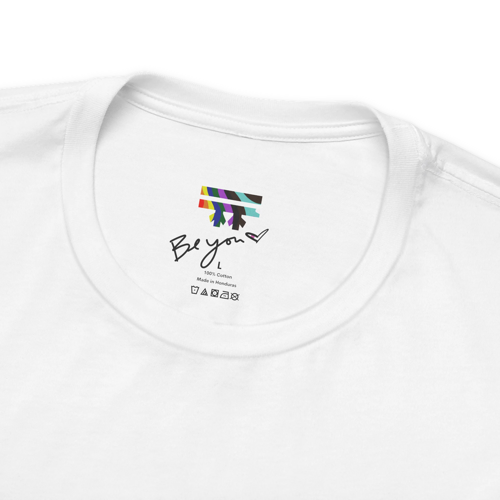 White FREEBRD tee collar detail, Be you heart label, rainbow logo, 100% cotton, Made in Honduras, care symbols.