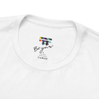 White FREEBRD tee collar detail, Be you heart label, rainbow logo, 100% cotton, Made in Honduras, care symbols.