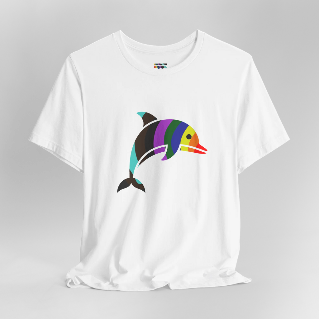 White FREEBRD rainbow wave dolphin tee, ghost mannequin front view, relaxed unisex fit, colorful dolphin graphic.
