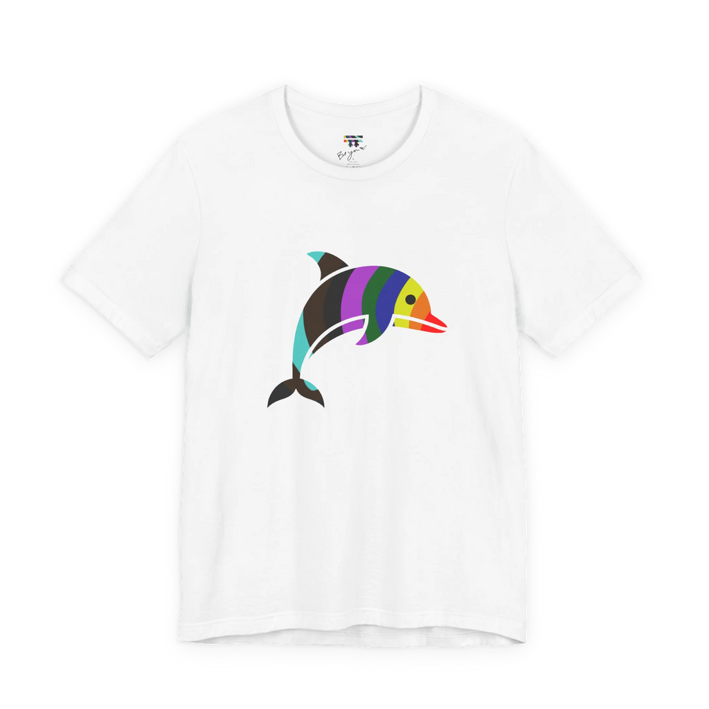 White crew neck tee, rainbow stripe geometric dolphin graphic, bold colorful design, FREEBRD, front view.
