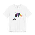 White crew neck tee, rainbow stripe geometric dolphin graphic, bold colorful design, FREEBRD, front view.
