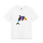 White crew neck tee, rainbow stripe geometric dolphin graphic, bold colorful design, FREEBRD, front view.
