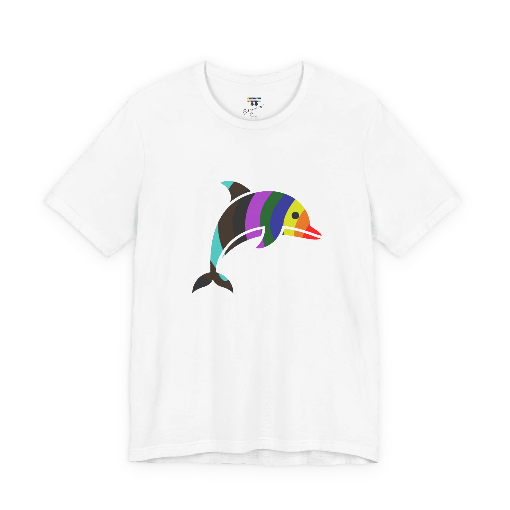 White crew neck tee, rainbow stripe geometric dolphin graphic, bold colorful design, FREEBRD, front view.
