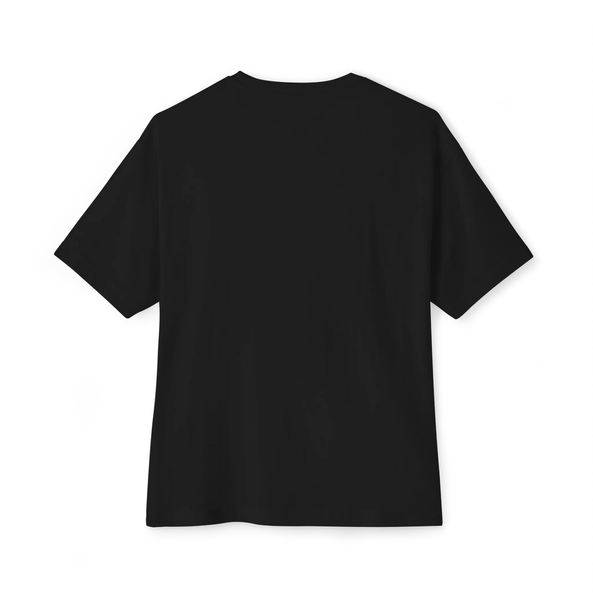 Black boxy T-shirt with a plain, unprinted back, back view.