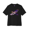 Black boxy T-shirt with dropped shoulders and a flying raven filled with purple, gold, gray, and white abstract artwork, front view.
