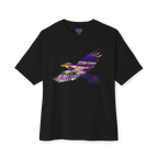 Black boxy T-shirt with dropped shoulders and a flying raven filled with purple, gold, gray, and white abstract artwork, front view.