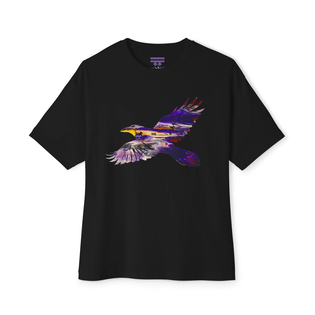 Black boxy T-shirt with dropped shoulders and a flying raven filled with purple, gold, gray, and white abstract artwork, front view.