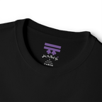 Black T-shirt inner neck print with a purple FREEBRD logo and white handwritten text reading 'wake the flock up'.