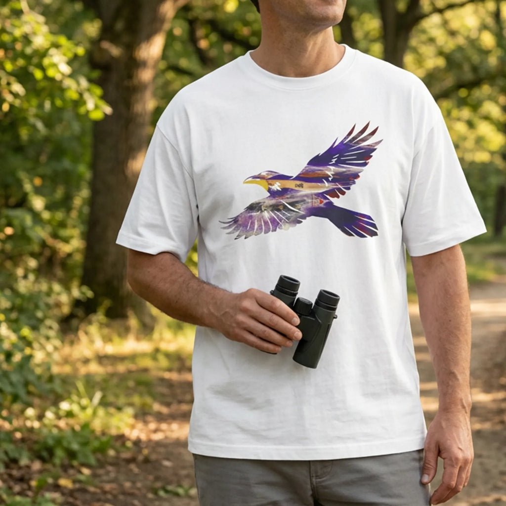 Man wearing a white boxy T-shirt with a purple and gold raven graphic, holding binoculars on a wooded path.