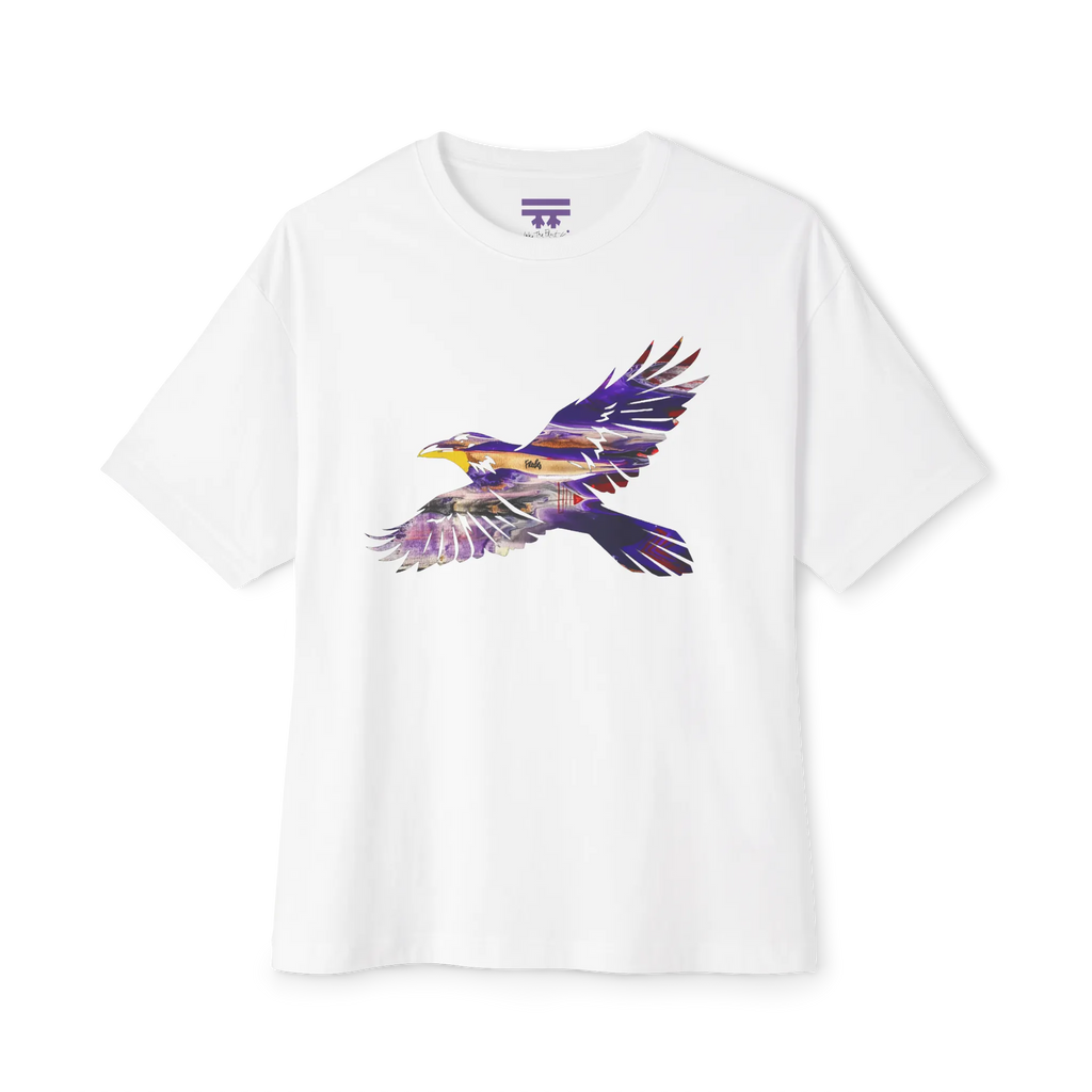 White boxy T-shirt with dropped shoulders and a flying raven filled with purple, gold, gray, and white abstract artwork, front view.