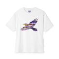 White boxy T-shirt with dropped shoulders and a flying raven filled with purple, gold, gray, and white abstract artwork, front view.