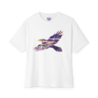 White boxy T-shirt with dropped shoulders and a flying raven filled with purple, gold, gray, and white abstract artwork, front view.