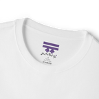 White T-shirt inner neck print with a purple FREEBRD logo and black handwritten text reading 'wake the flock up'.