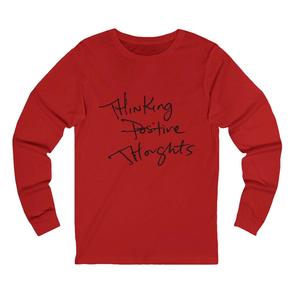 Red Bella Thinking Positive Thoughts long sleeve tee, handwritten graphic, crew neck, front view.