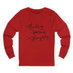 Red Bella Thinking Positive Thoughts long sleeve tee, handwritten graphic, crew neck, front view.